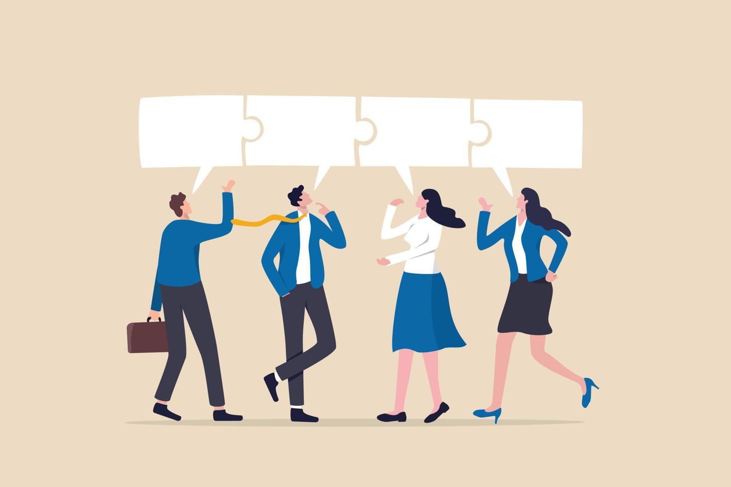 Conversation or communication for success, meeting discussion to get answer or solution, working together, partnership or collaboration concept, business people talk with speech bubble jigsaw connect. vector