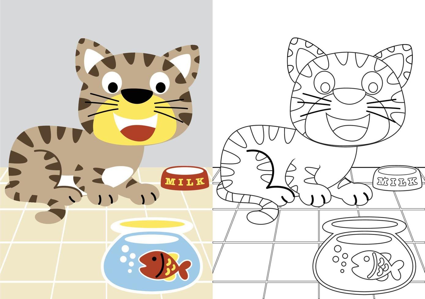 vector cartoon of cat with fish in jars, coloring book or page