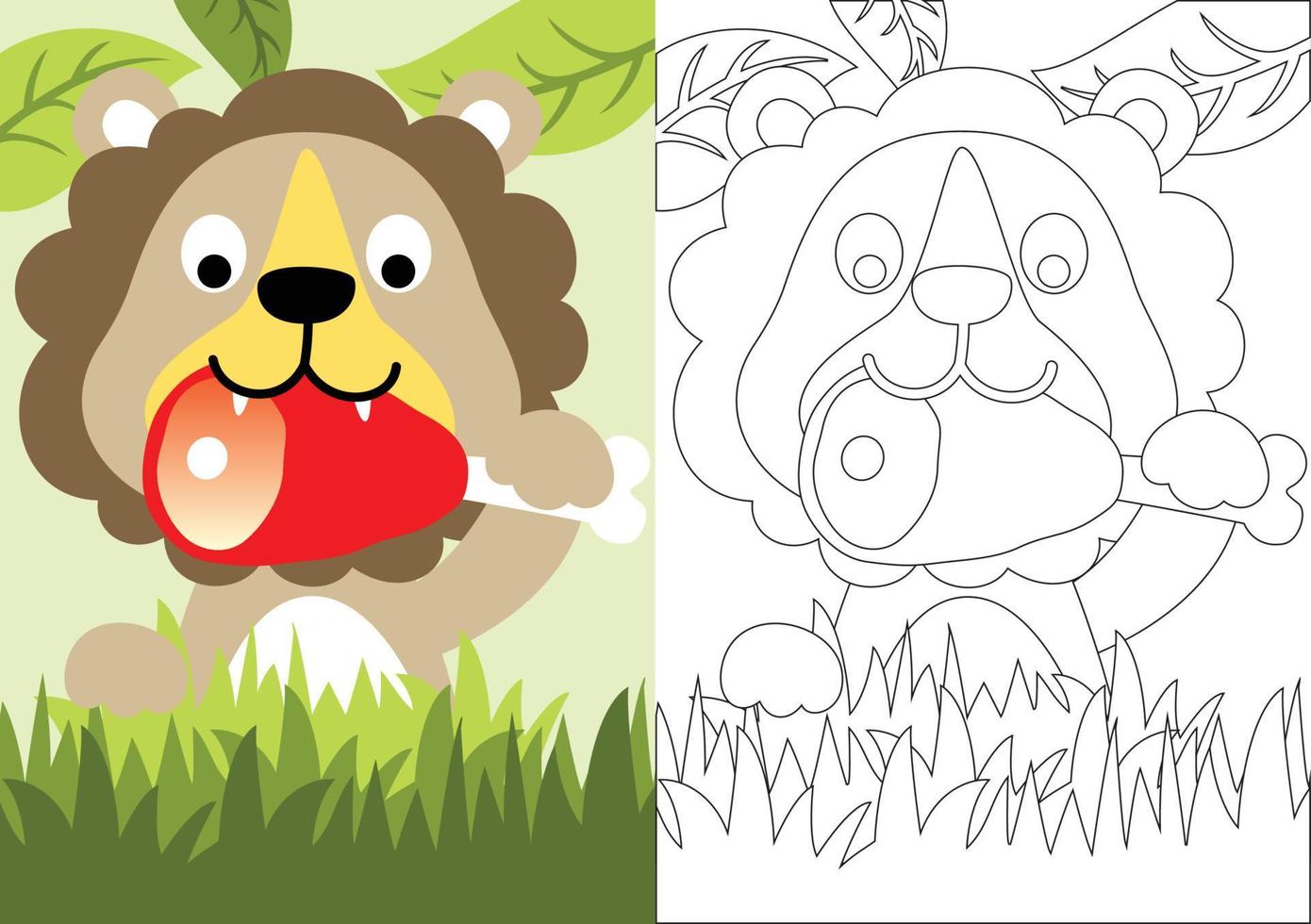 caricatura vectorial de un león divertido comiendo carne en la jungla, libro de colorear o página vector