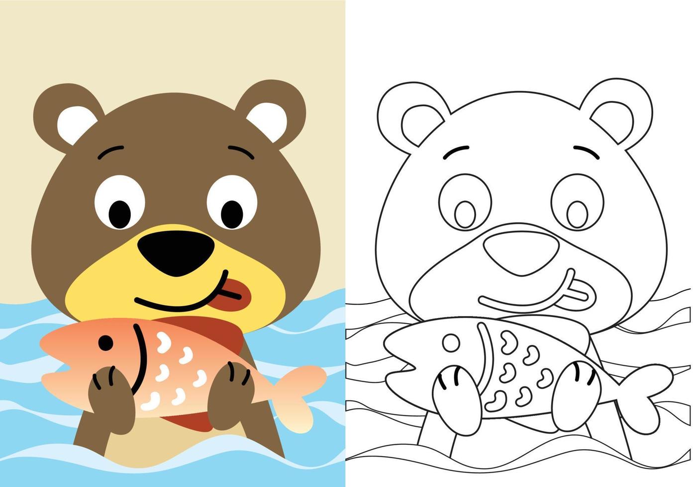 vector cartoon of cute bear catching big fish in river, coloring book or page