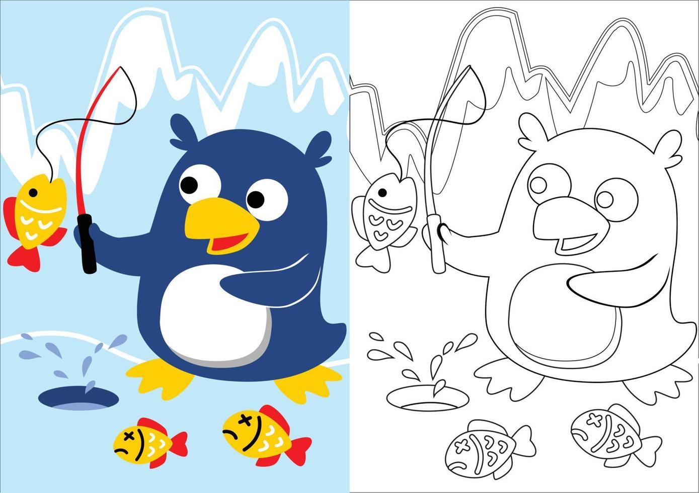 caricatura vectorial de linda pesca de pingüinos, libro de colorear o página vector
