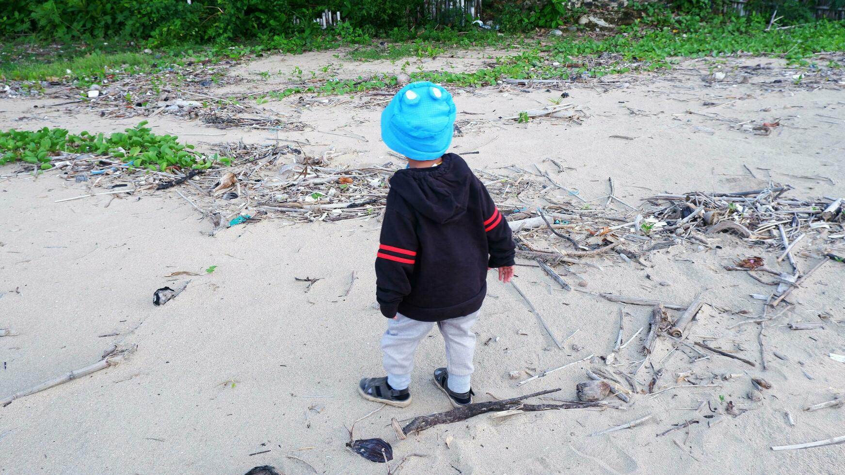 Baby walking and playing on the beach sand photo