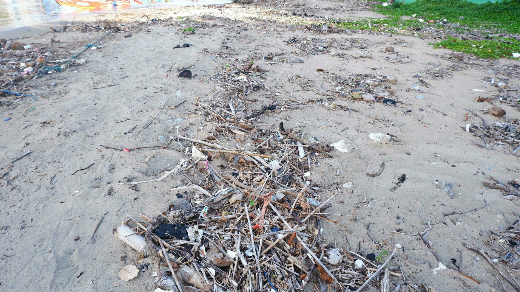 Dirty Coastline lots of trash and tree branches, sand beach,Boat,Sunlight photo