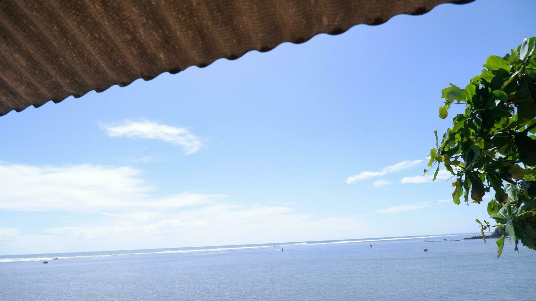 Turquoise water, white waves, blue sky, Green tree, White sand, Beautiful beach,and beautiful Island, Sayang heulang Garut, Panoramic view photo
