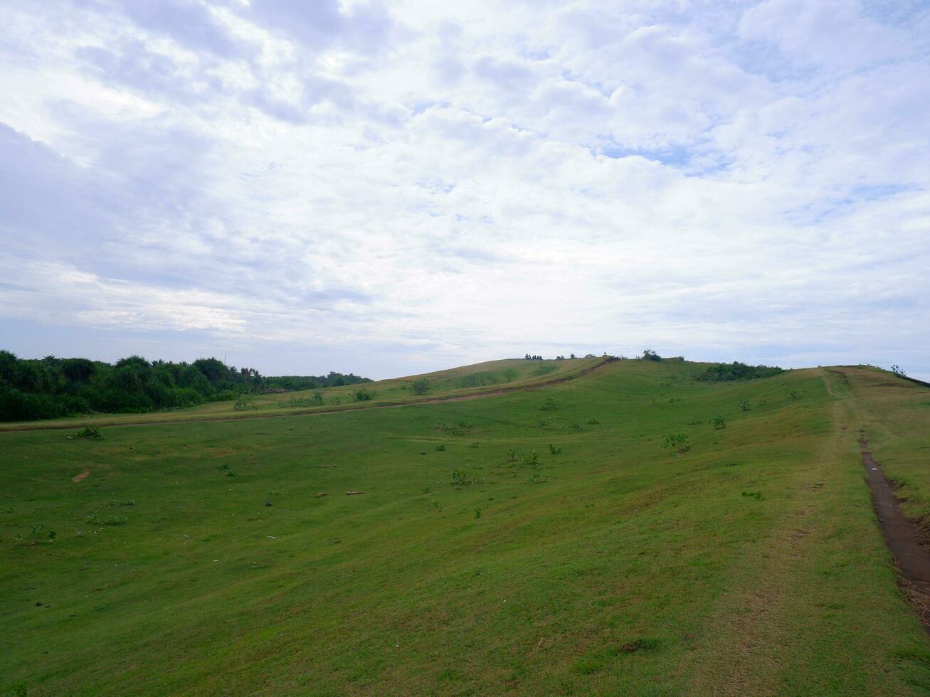 Green grass field on small hills and blue sky with clouds and dirt trails in Indonesia photo