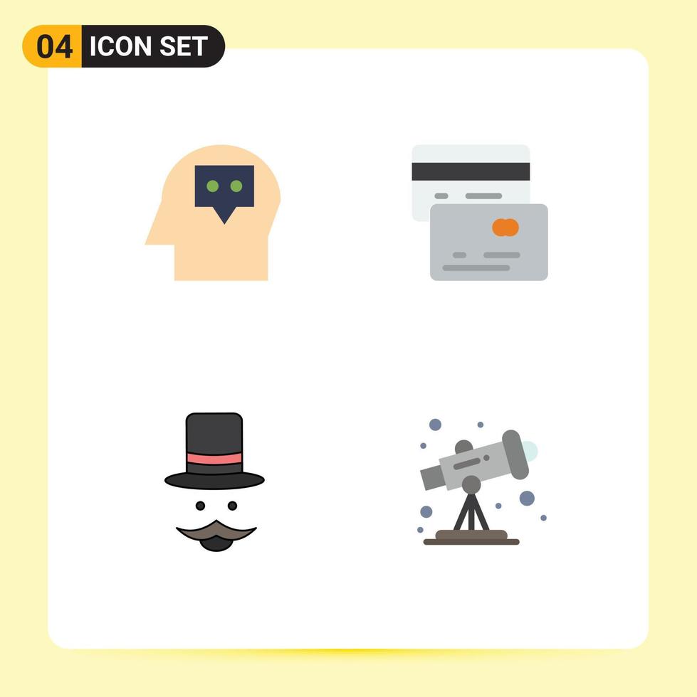 paquete de interfaz de usuario de 4 iconos planos básicos de tarjetas de sombrero de cabeza bigote astronomía elementos de diseño vectorial editables vector