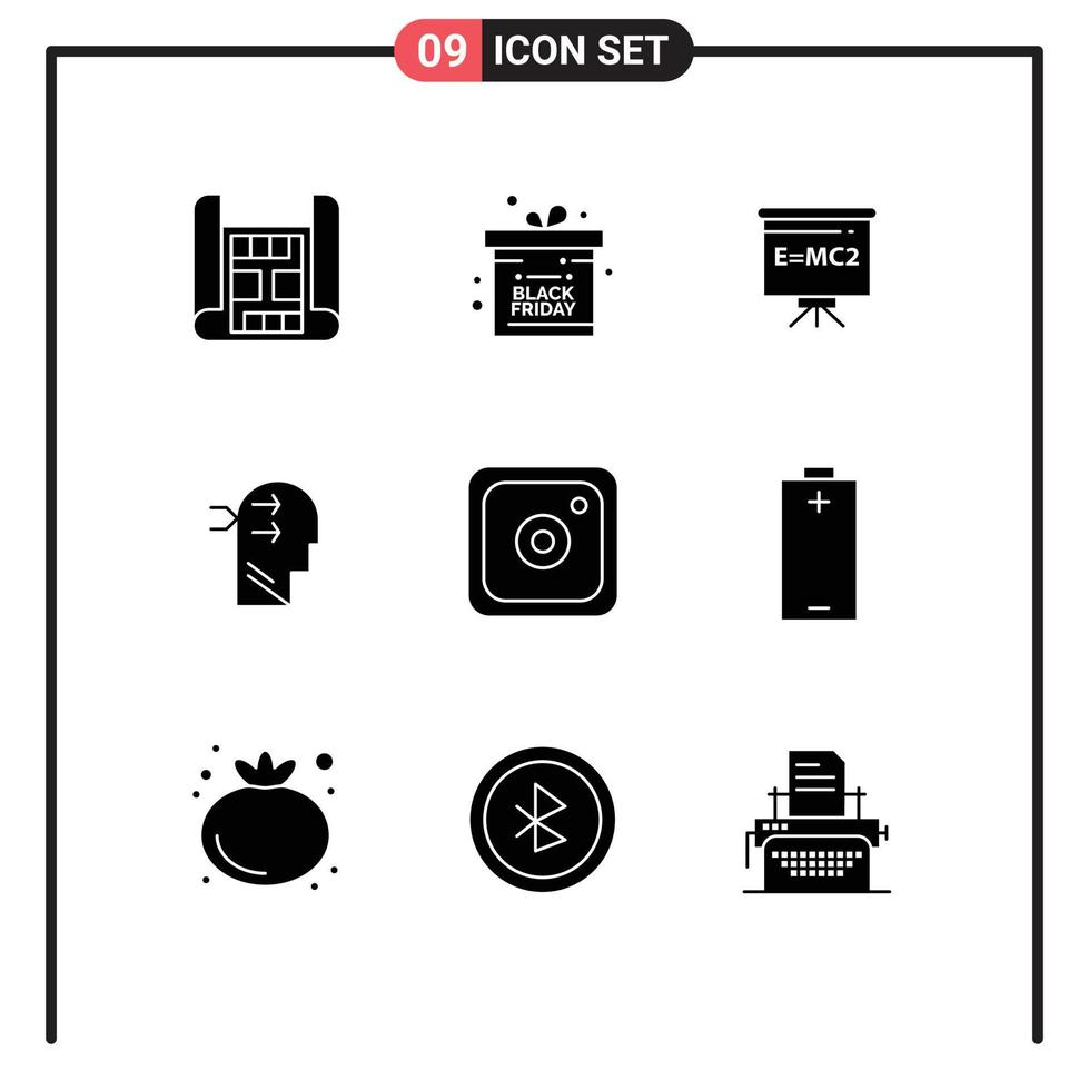 Mobile Interface Solid Glyph Set of 9 Pictograms of battery media board instagram brian Editable Vector Design Elements