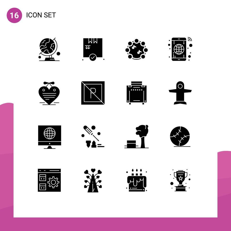 16 Universal Solid Glyph Signs Symbols of calendar heart music phone globe Editable Vector Design Elements