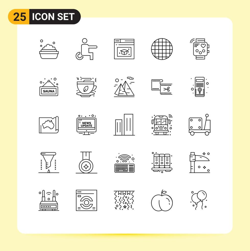 Line Pack of 25 Universal Symbols of monitoring fitness education device waffle Editable Vector Design Elements