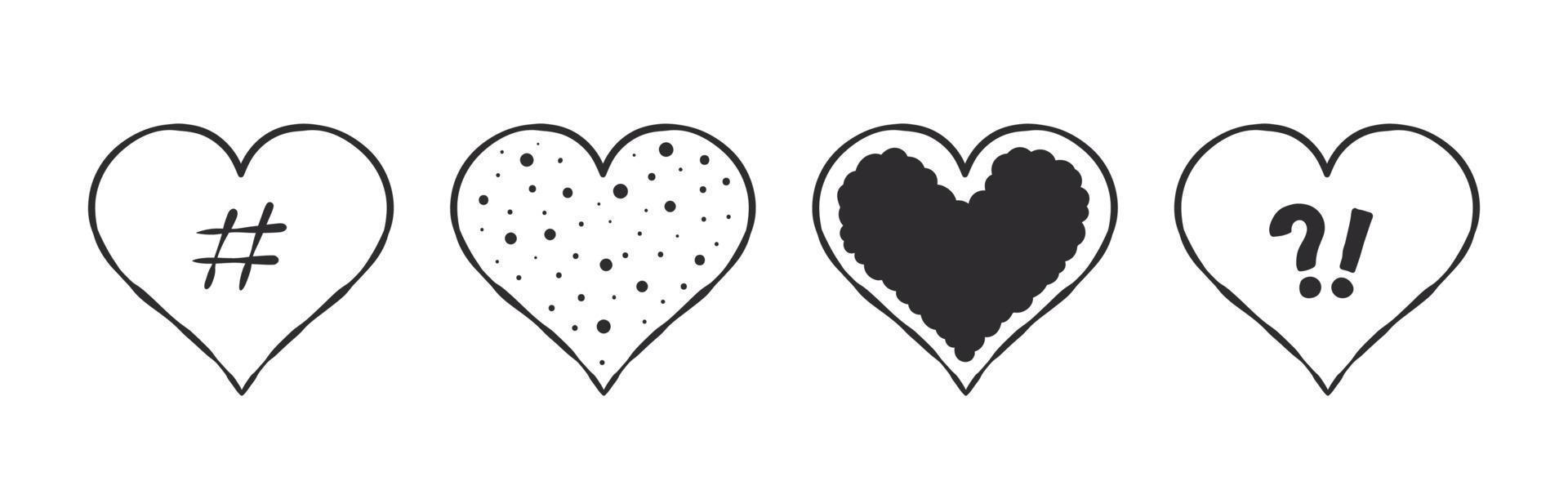 Heart icon collection. Hearts drawn by hand with different textures. Vector images