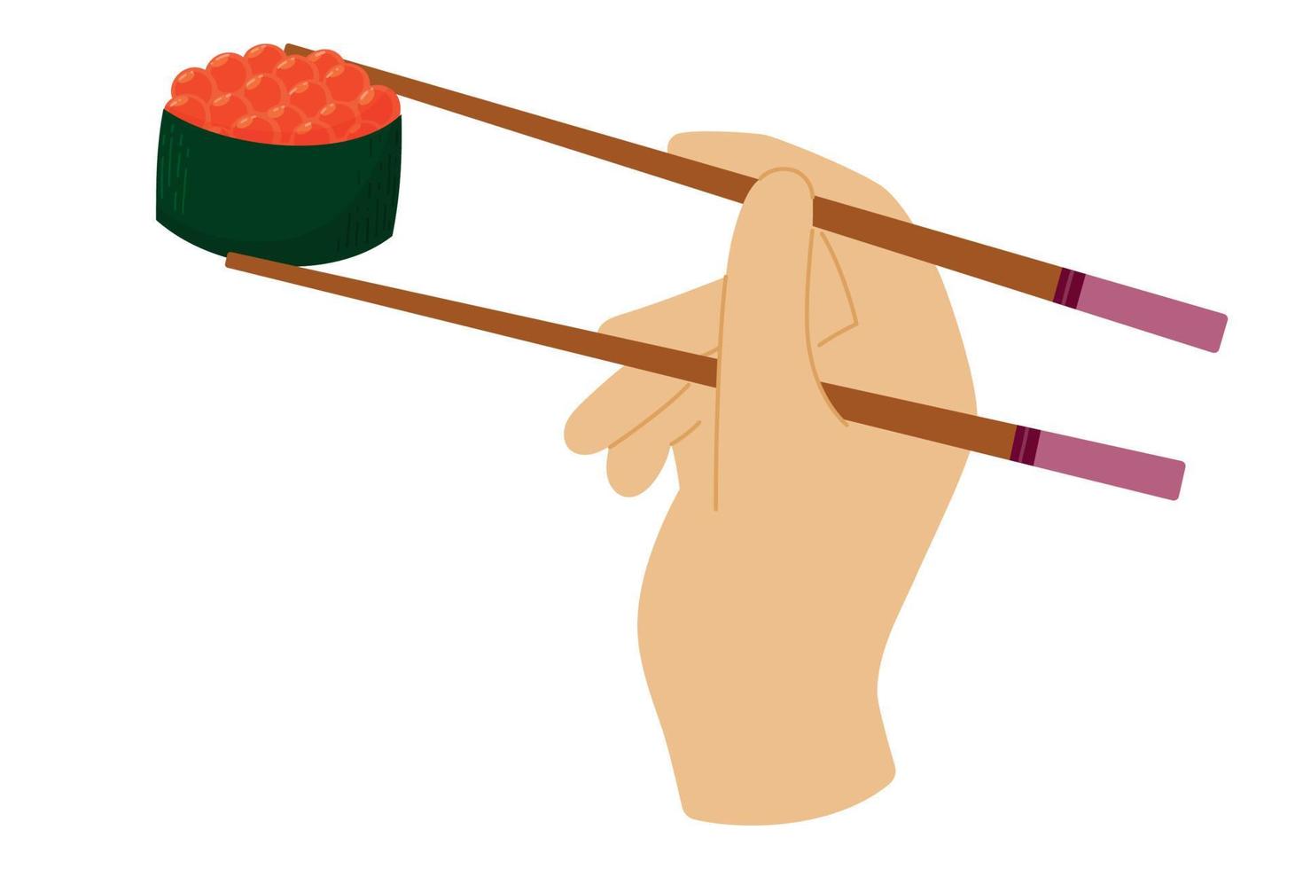 Cartoon hand holds chopsticks with red caviar gunkan sushi. Japanese cuisine, traditional food isolated on white background vector