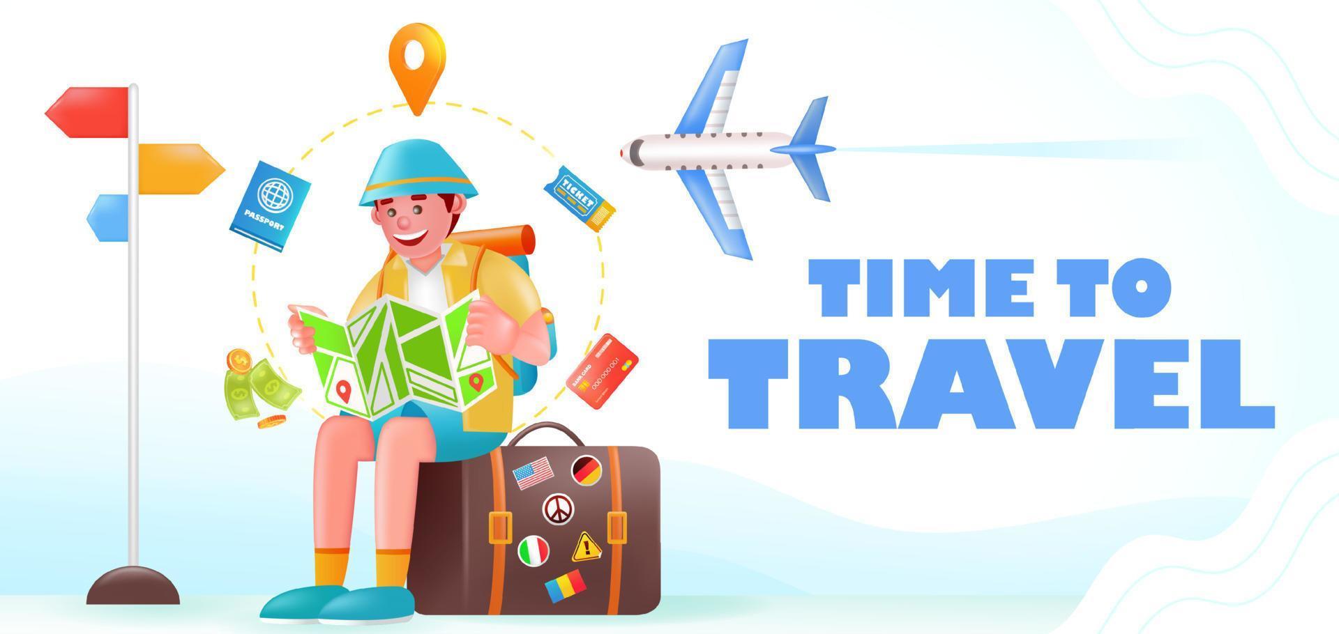 Time to Travel, 3d illustration of man sitting on suitcase looking at flight destination vector