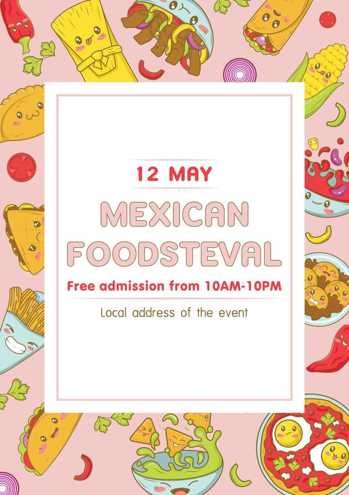 Mexican fast food fair and fisteval template with kawaii food in cartoon doodle style. vector