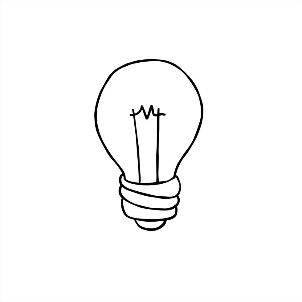 Light Bulb. Sketch drawn electric device. Black and white illustration. Cartoon doodle lighting concept and idea. Solution and creative vector