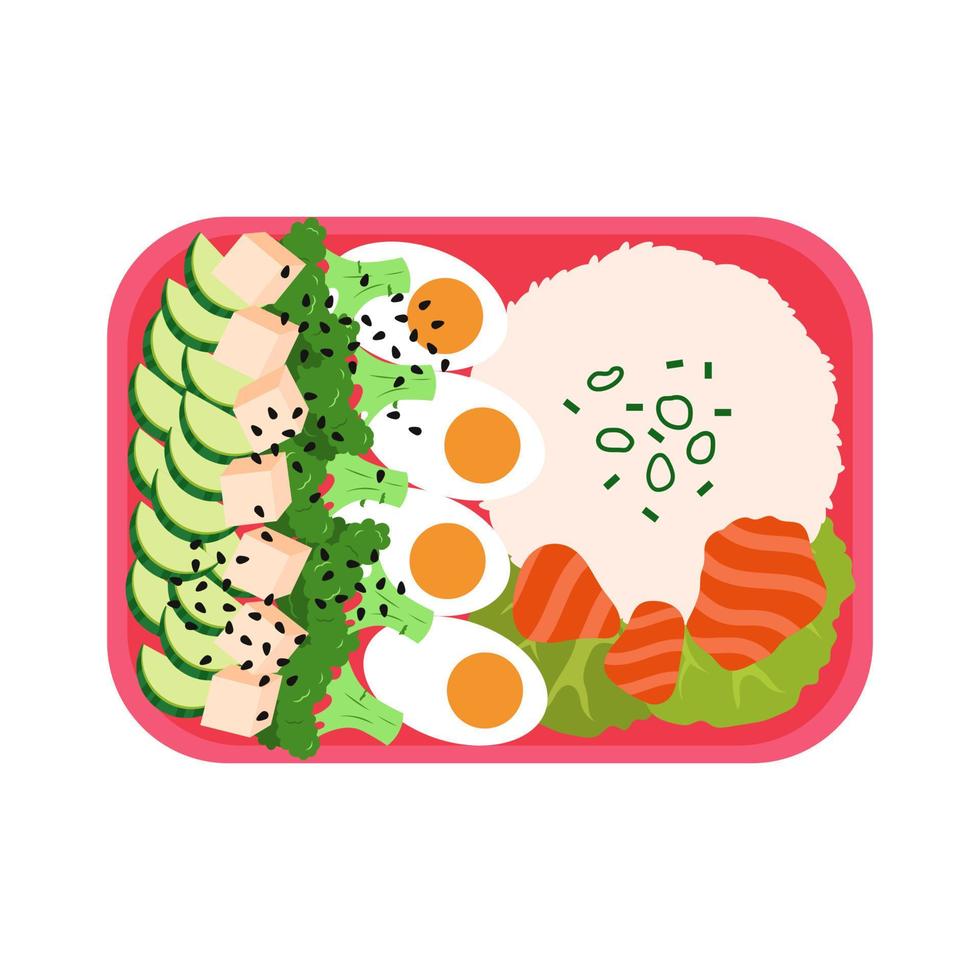 bento con arroz, huevos, salmón, pepino, brócoli y tofu. plato japonés para llevar. vector
