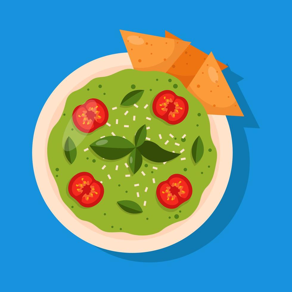 Guacamole with nachos. Mexican dip isolated on blue background. vector