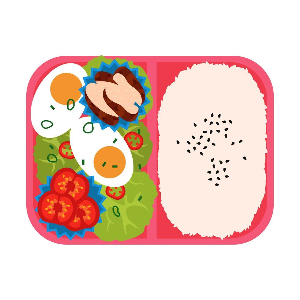 bento con arroz, huevos, carne y tomates. plato japonés para llevar. vector