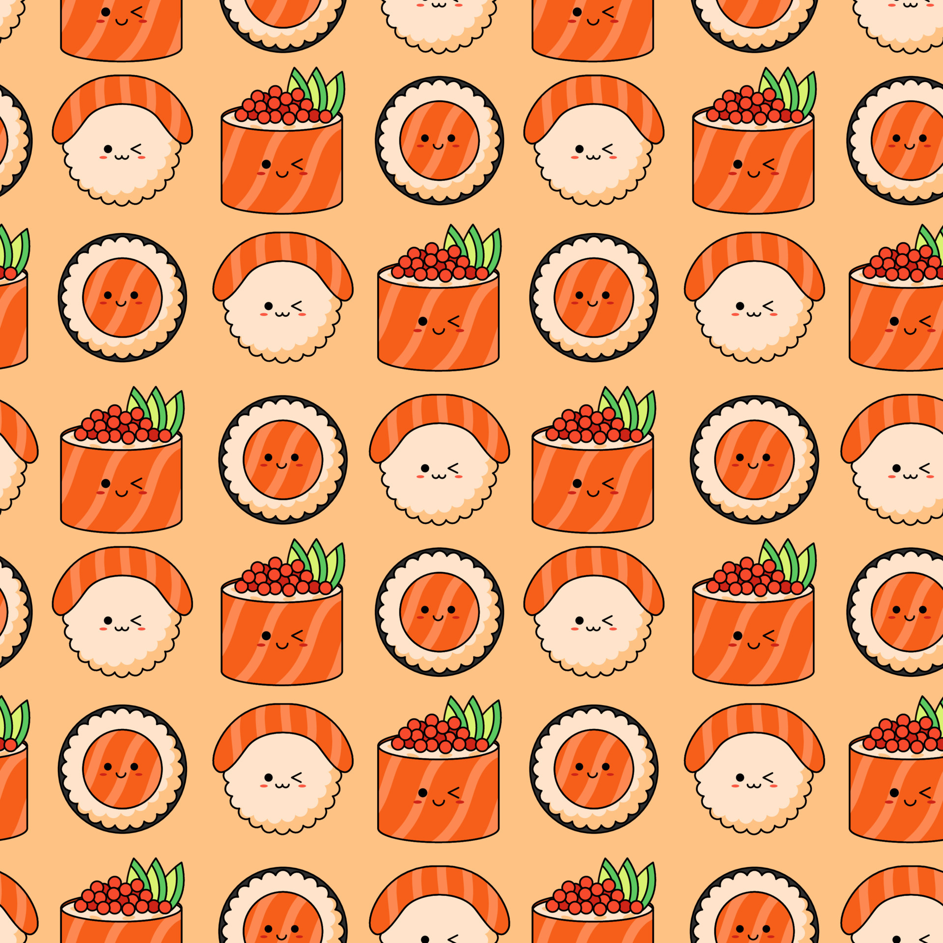 Seamless pattern with various kawaii sushi on orange background ...