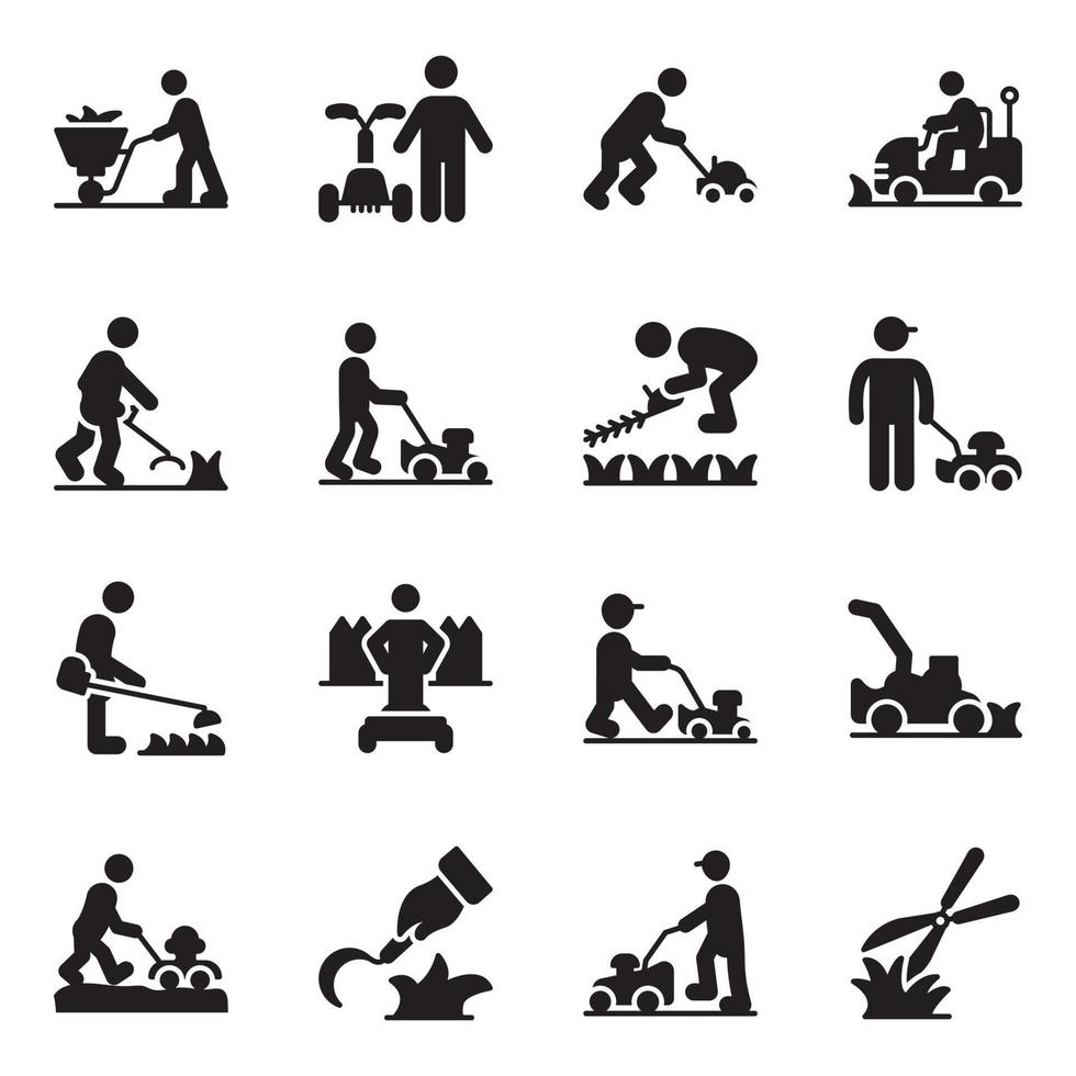 Pack of Workers Cutting Grass Icons vector