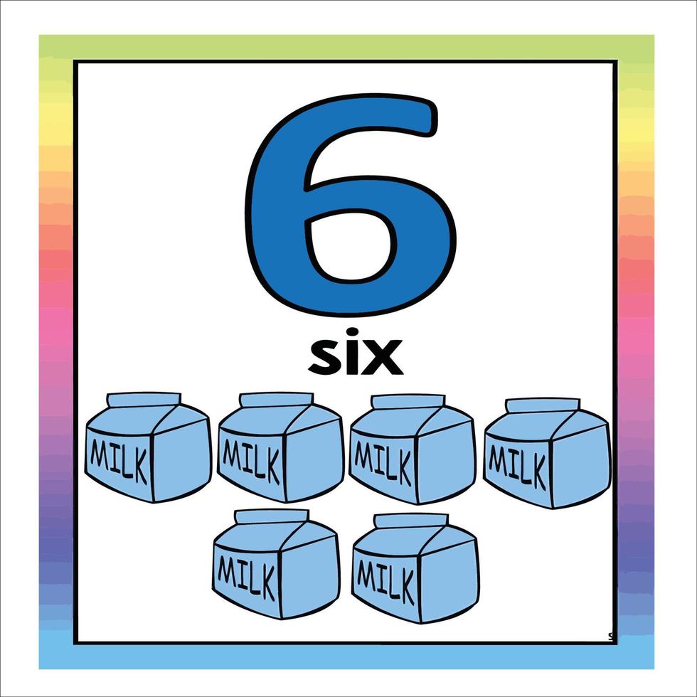 Coloring page - Numbers. Education and fun for children's. Baby first numbers - colorize and count. Printable worksheet - 6 six with milk vector