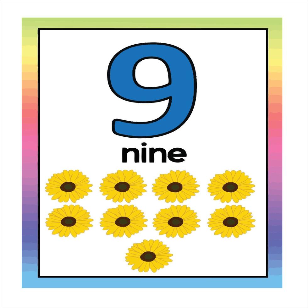 Coloring page - Numbers. Education and fun for children's. Baby first numbers - colorize and count. Printable worksheet - 9 nine with sun-flower vector