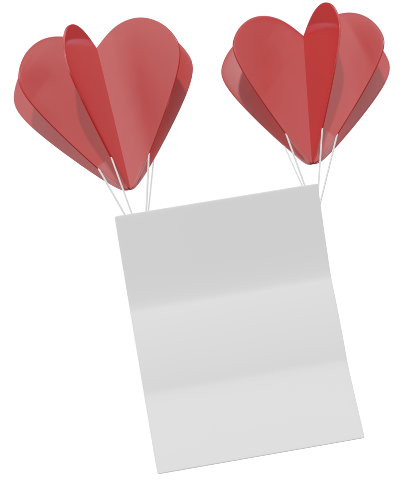 página de papel vacía con globo rojo de corazón amor flotando, ilustración de representación 3d icono de San Valentín png