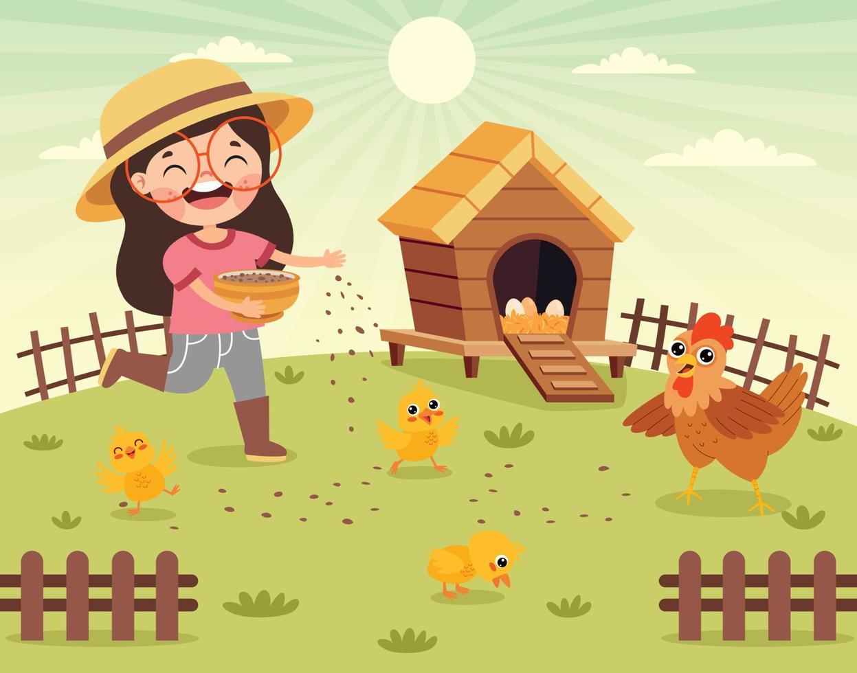 Cartoon Kid Feeding Chicken And Chicks vector