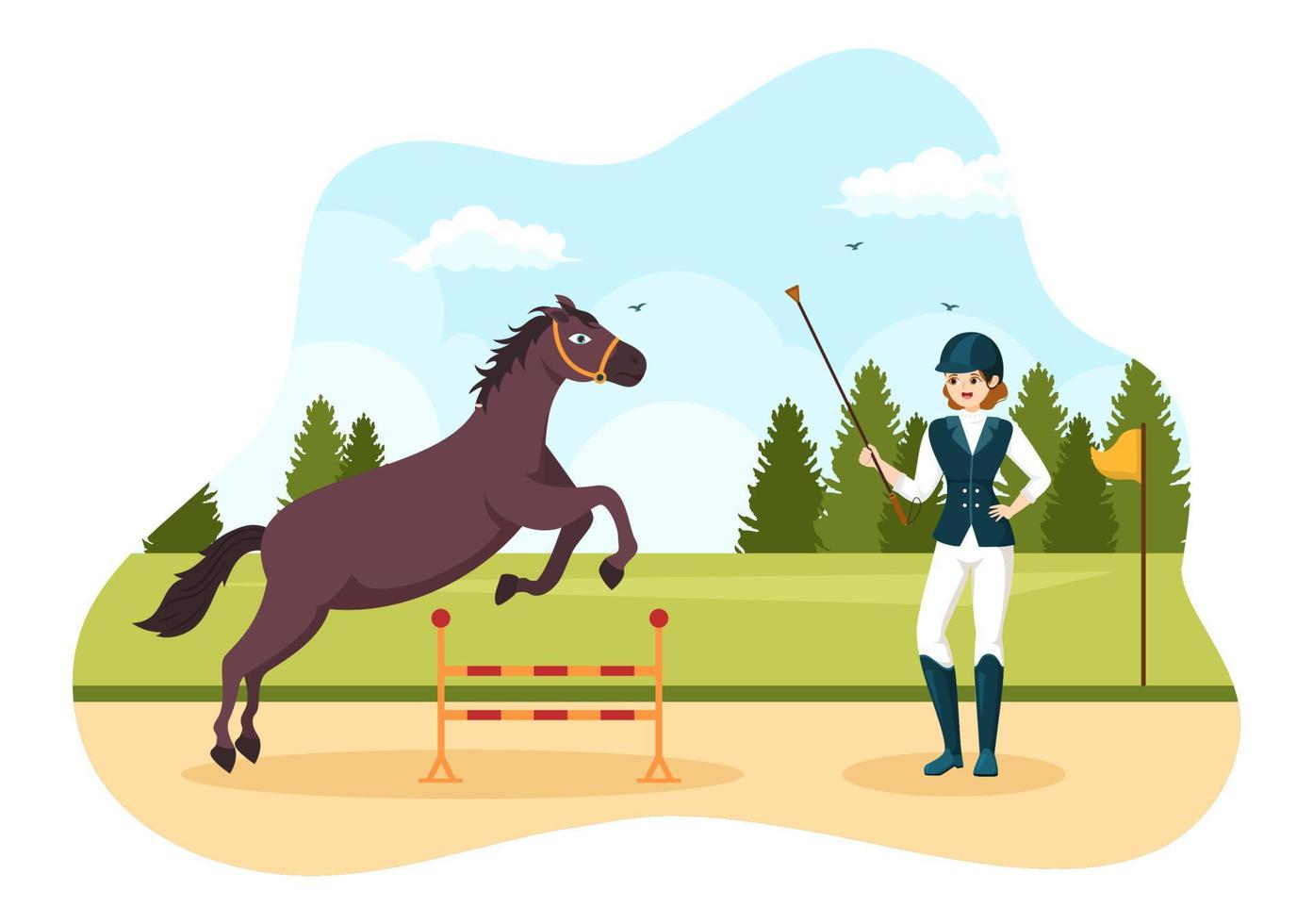 Equestrian Sport Horse Trainer with Training, Riding Lessons and Running Horses in Flat Cartoon Hand Drawn Template Illustration vector