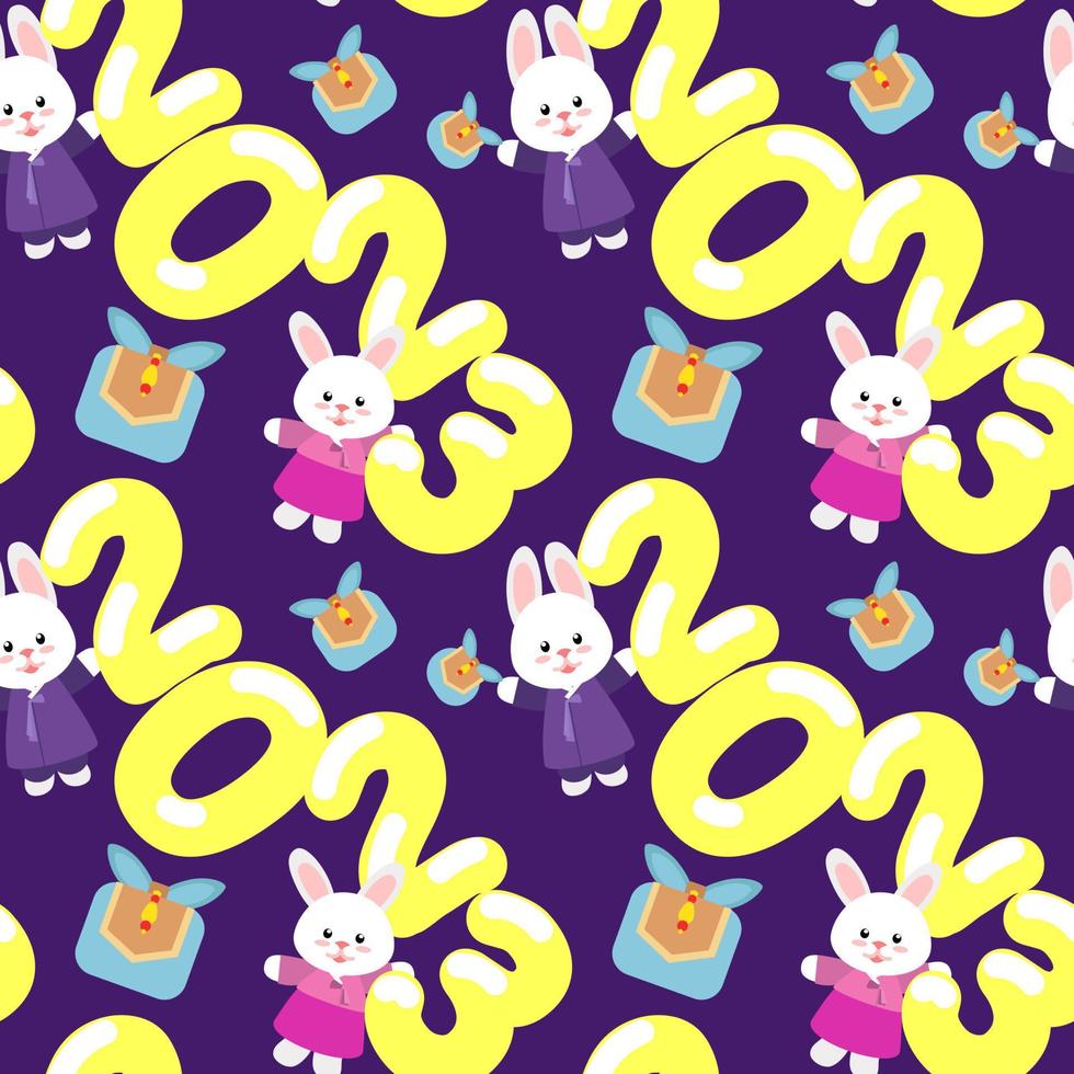 2023 Gyemyo Year New Year's Rabbit Character. A pattern of rabbit faces, the numbers 2023, gifts on a pink background. Bright New Year's colored background for printing on textiles and paper. vector