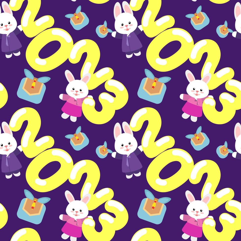 2023 año gyemyo personaje de conejo de año nuevo. un patrón de caras de conejo, los números 2023, regalos sobre un fondo rosa. fondo de color brillante de año nuevo para imprimir en textiles y papel. vector