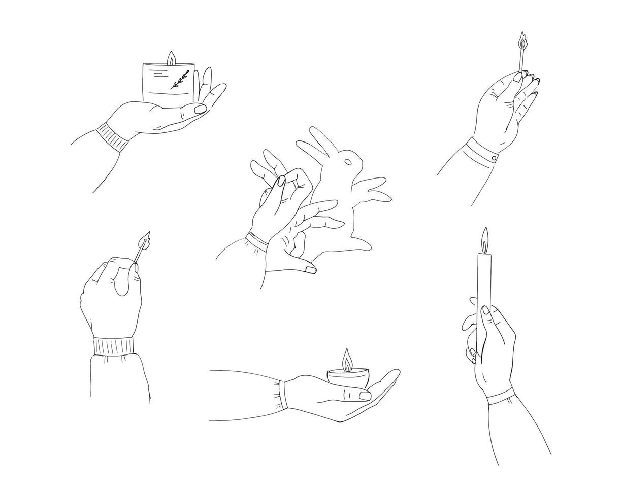 Female hands various nationalities. Hands with candles and matches. Shadow puppet rabbit vector