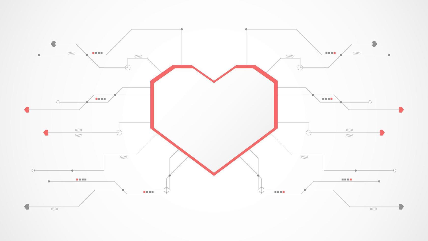 Resumen de fondo de San Valentín de tecnología de corazón rojo blanco. tecnología con línea, digital, corazón, punto, alta tecnología, concepto de San Valentín, vector. corazón tecnológico para el día de san valentín, fondo, banner web. vector