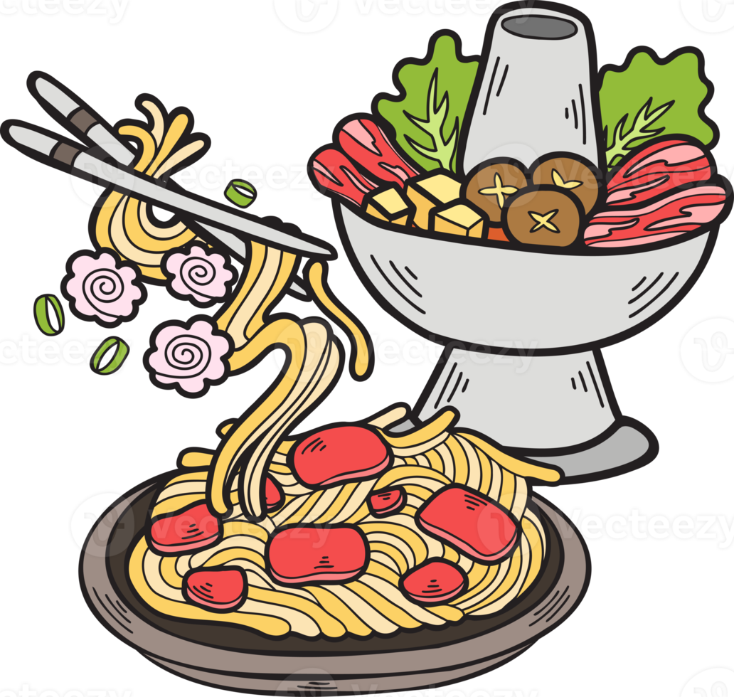 hand dragen varm pott och spaghetti kinesisk och japansk mat illustration png