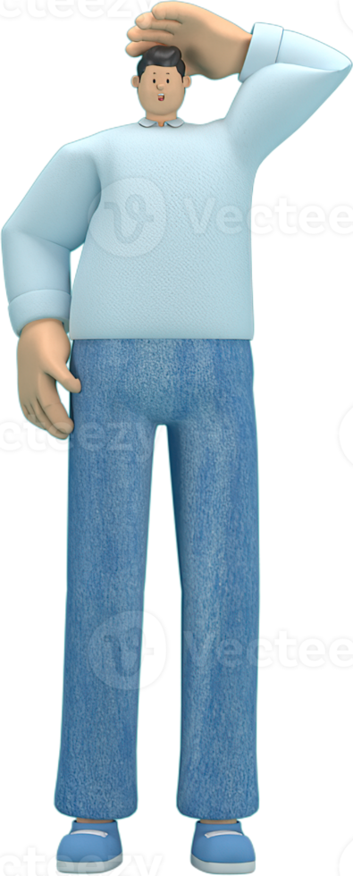 cartoon character wearing jeans and  long shirt. He is expression  of body and hand when talking. 3d rendering in acting. png