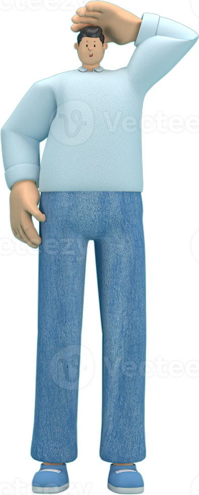 tekenfilm karakter vervelend jeans en lang shirt. hij is uitdrukking van lichaam en hand- wanneer praten. 3d renderen in toneel spelen. png