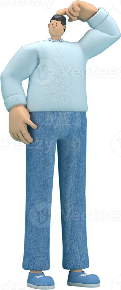 cartoon character wearing jeans and  long shirt. He is expression  of body and hand when talking. 3d rendering in acting. png