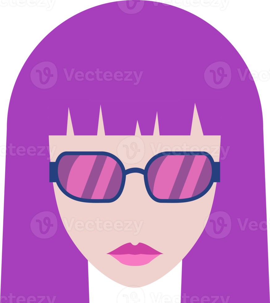 ragazza nel occhiali da sole. fricchettone ragazza con colorato capelli e occhiali. per avatar, logo, icona, ragnatela, Stampa, media e Altro. png con trasparente sfondo.