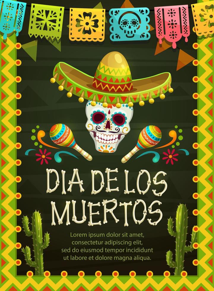 calavera con sombrerro. dia de muertos fiesta mexicana vector