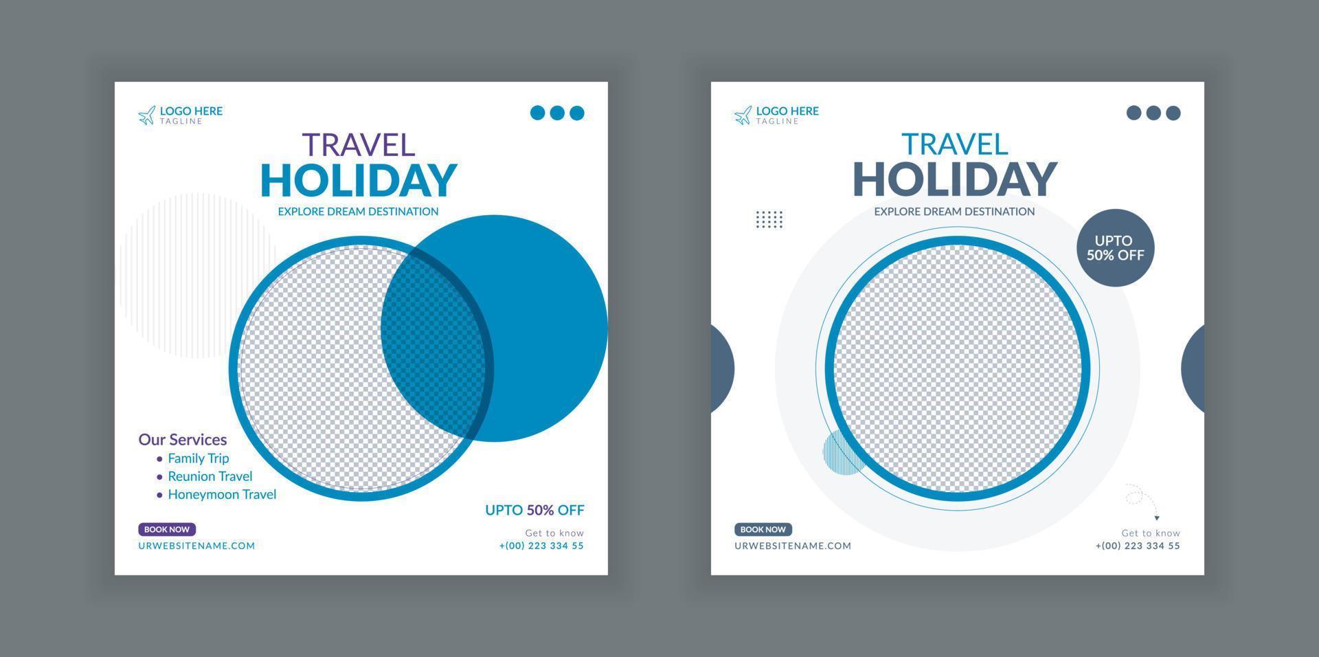 Travel banner design template, social media post design, travel holiday vacation post banner, tour and travel agency social media post. vector