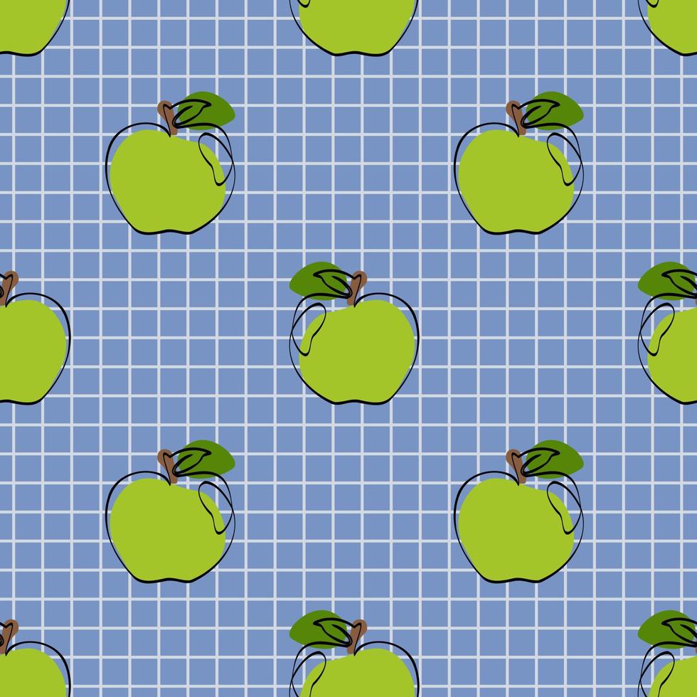 Seamless pattern with apple on blue background. Continuous one line drawing apple. Black line art on blue  background with colorful spots. Vegan concept vector
