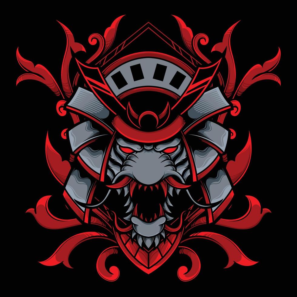Samurai Tiger head illustration with ornament frame vector