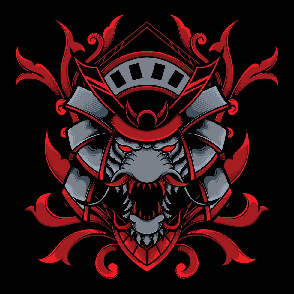 Samurai Tiger head illustration with ornament frame vector