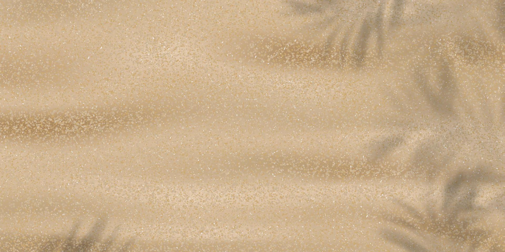 textura de playa de arena con fondo de sombra de hoja de palma. olas de playa costera de horizonte para vacaciones de verano en la costa. paisaje costero tropical. superficie desértica, vector 3d duna de arena marrón para banner de verano.