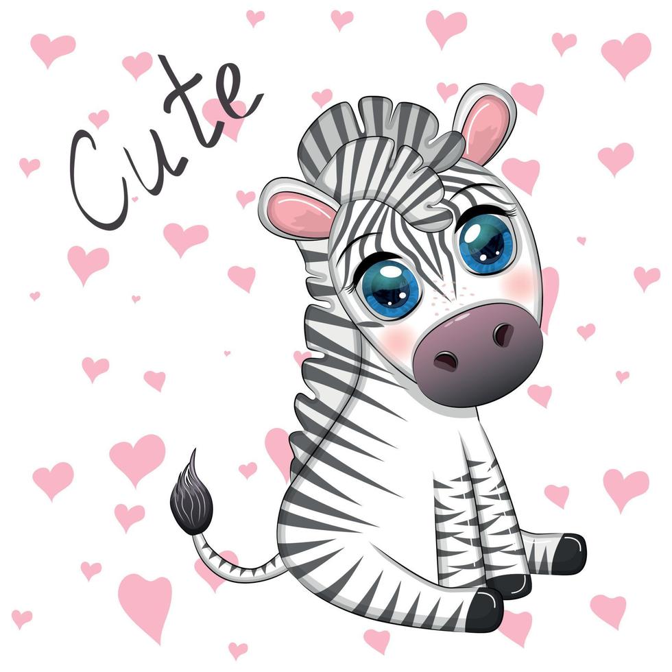 Cute cartoon zebra is sitting and waving its tail. Children's character vector