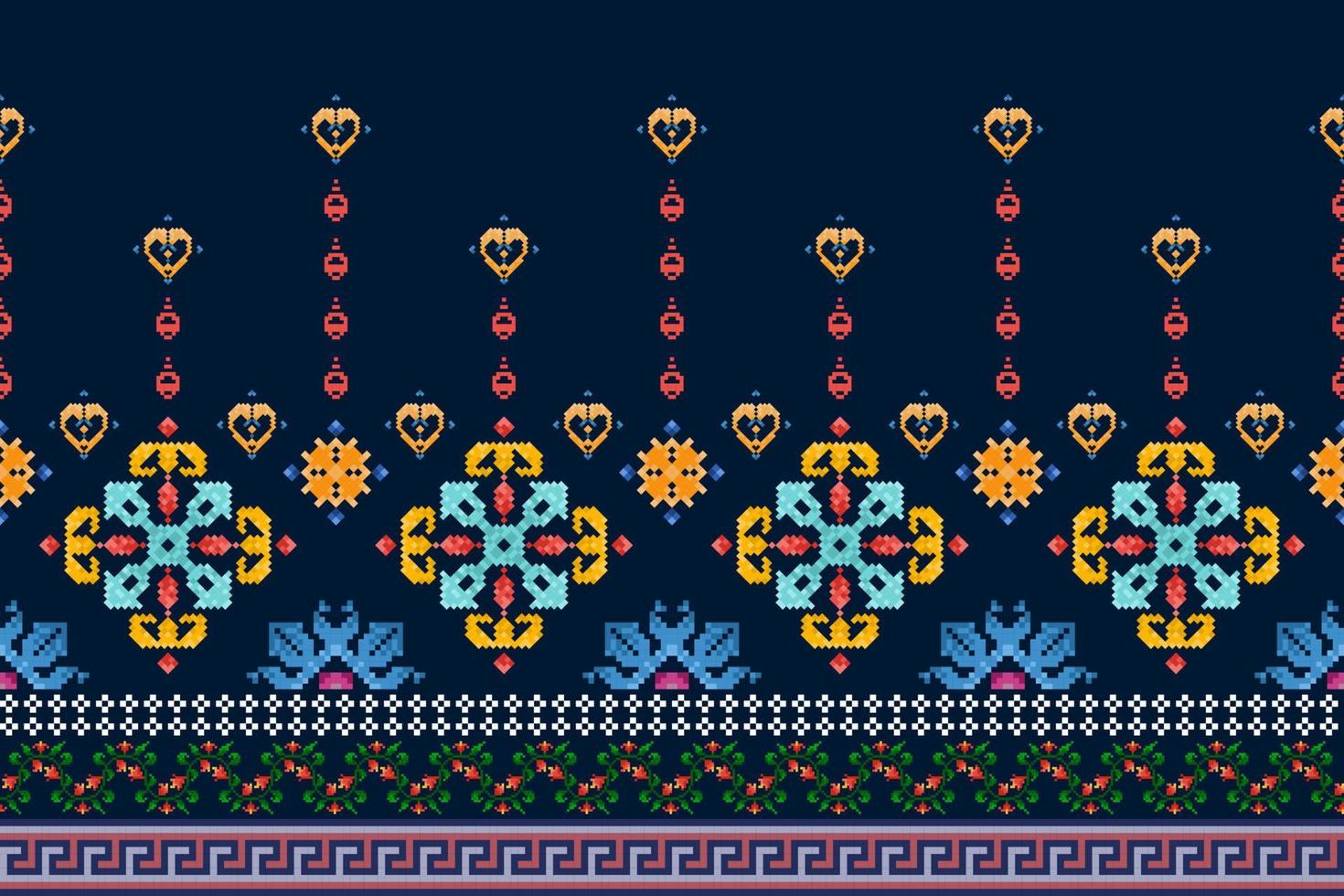 Ikat pixel paisley ethnic seamless pattern decoration design. Aztec fabric carpet boho mandalas textile wallpaper. Tribal native motif ornaments African American folk traditional embroidery vector