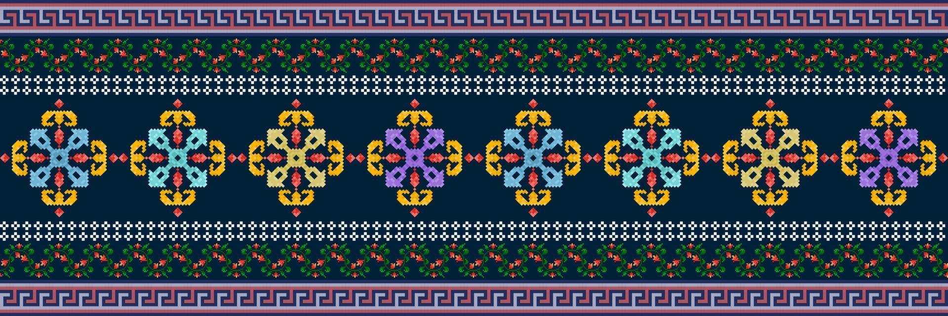 Ikat pixel paisley ethnic seamless pattern decoration design. Aztec fabric carpet boho mandalas textile wallpaper. Tribal native motif ornaments African American folk traditional embroidery vector