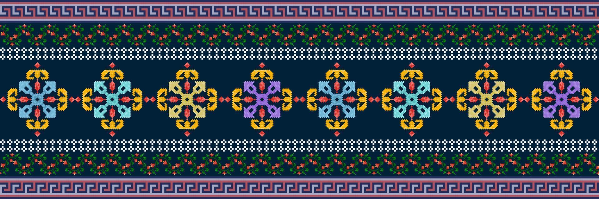 ikat pixel paisley étnico diseño de decoración de patrones sin fisuras. alfombra de tela azteca boho mandalas papel tapiz textil. adornos de motivos nativos tribales vector de bordado tradicional afroamericano