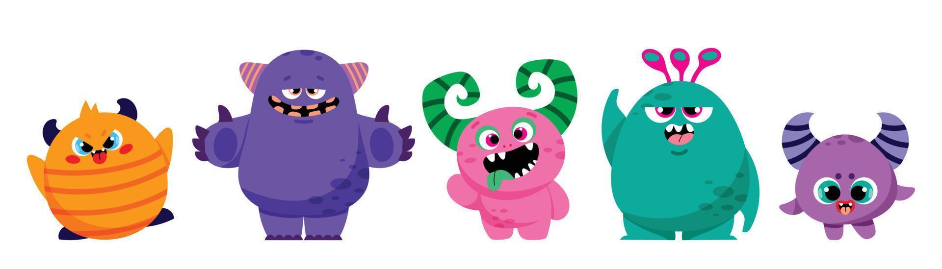 conjunto de iconos de niños monstruos lindos y kawaii. colección de lindos monstruos de dibujos animados en diferentes personajes juguetones. divertido diablo, alienígena, demonio y criatura diseño de vector plano para cómic, educación, presentación.