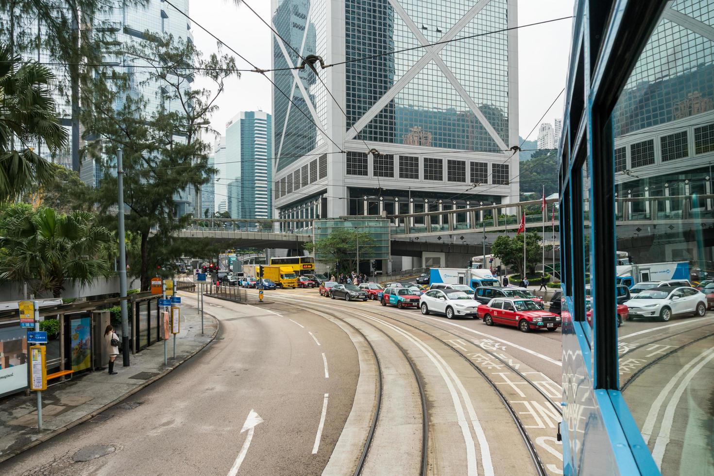 Hong Kong,March 25,2019-Ding ding among the skyscrapers through the streets of Hong Kong during a cloudy day photo
