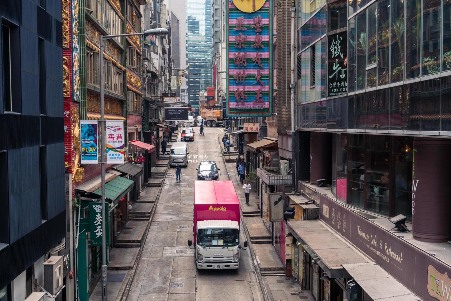 Hong Kong,March 25,2019-Traffic and people among the skyscrapers through the streets of Hong Kong during a cloudy day photo